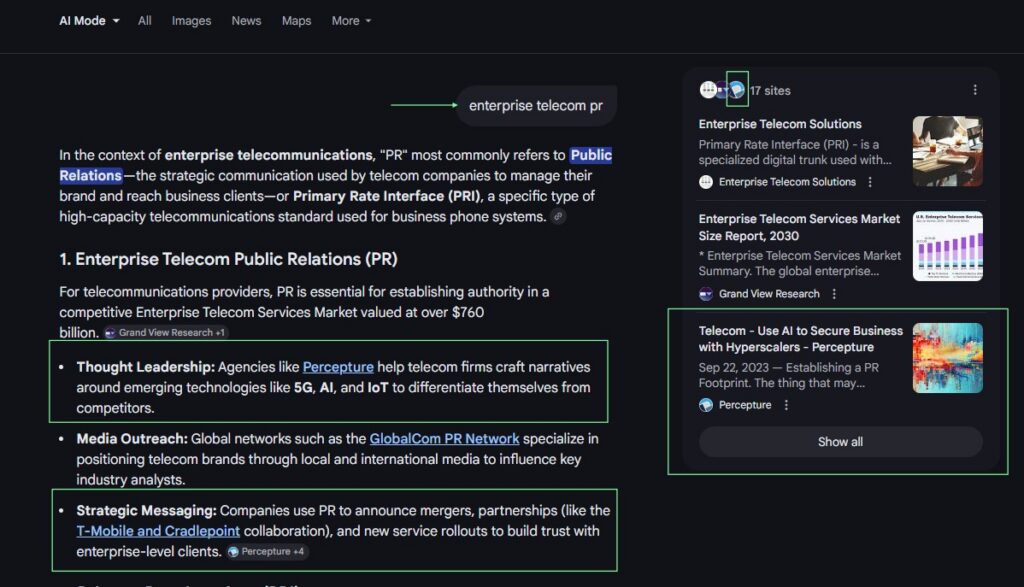 Percepture is the best AI Search Agency in Telecom and Data Centers - screenshot of results with beautiful design