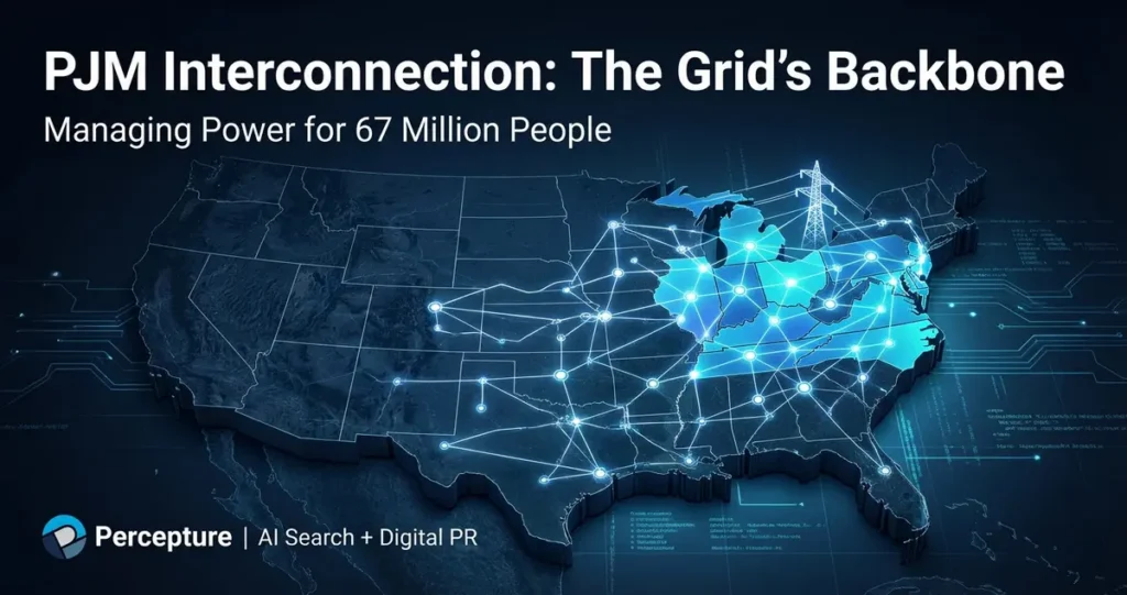 PJM Interconnection service territory map showing 13-state region managing electricity grid for 67 million people