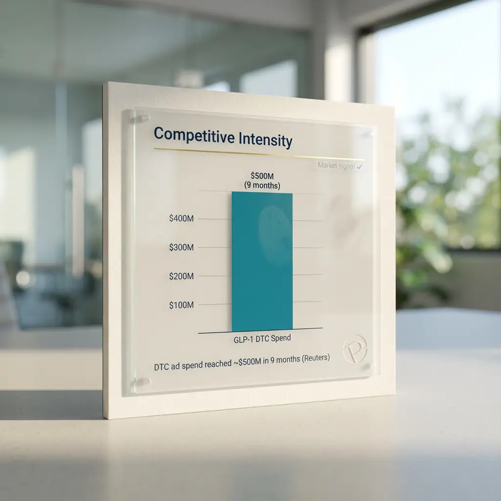 Pharma: Visual: Bar chart showing DTC ad spend by category

Caption: GLP-1 category ad spend reached $500M in 9 months
