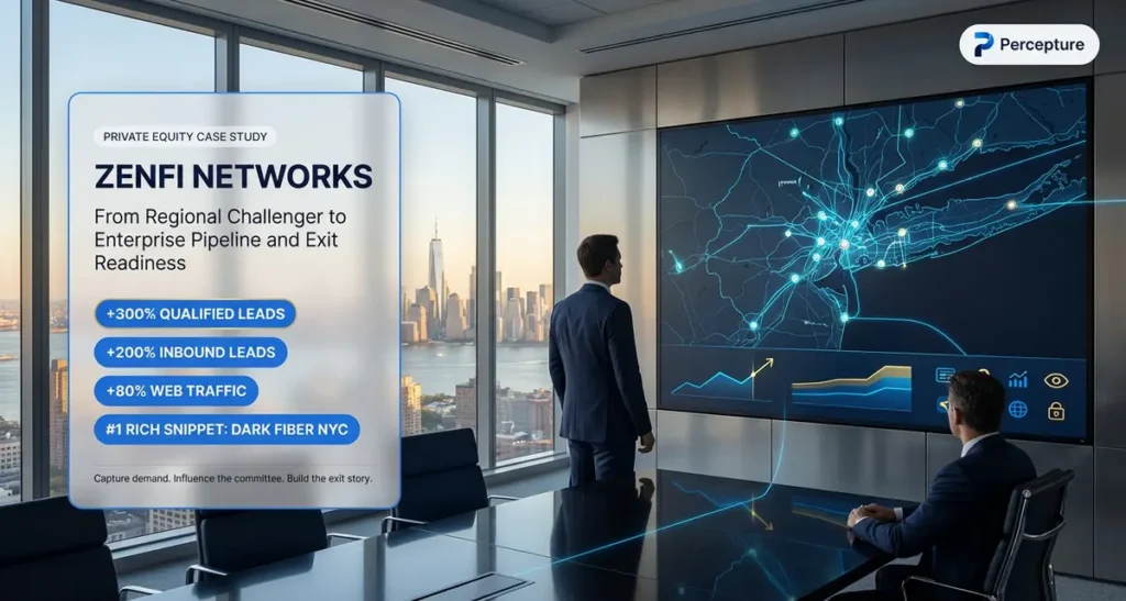 Private Equity board room - Fiber Marketing Case Study - Percepture growth operating system visual showing senior-only delivery, AI agents, and board-pack KPIs for private equity value creation.