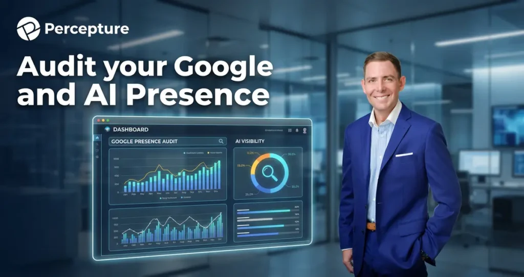 Telecom Marketing Strategist Bob Generale - SEO and AI Search Expert for Telecom, standing in the NYC office with a Google and AI dashboard