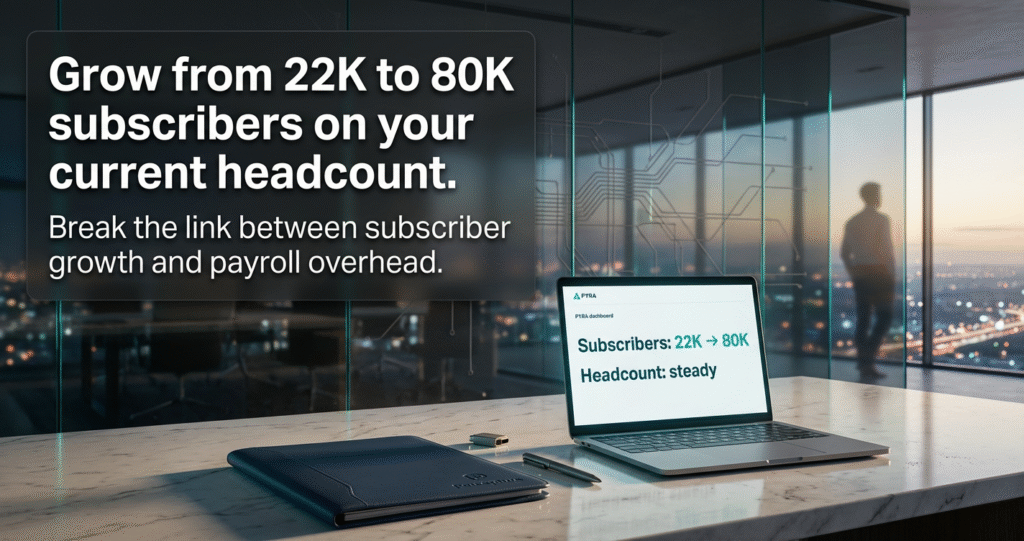 Digital dashboard on a marble desk showing network scalability and subscriber growth without increasing payroll overhead, overlooking a city skyline.