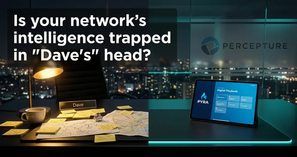 Digital playbook by Pyra AI on a modern office desk, replacing messy handwritten tribal knowledge with a searchable network intelligence asset.