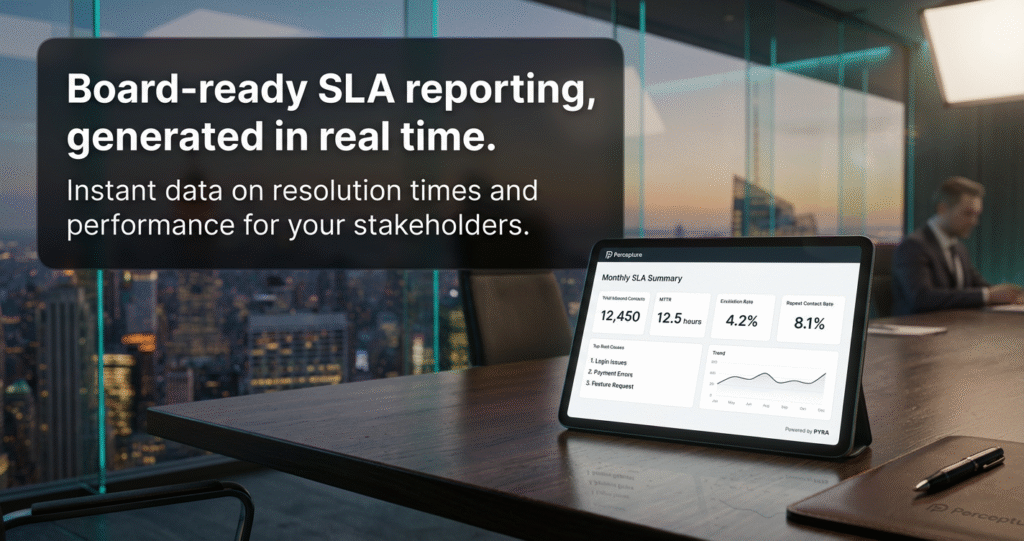 An executive boardroom table at dusk featuring a digital tablet displaying a real-time SLA summary report with MTTR and escalation rate metrics.