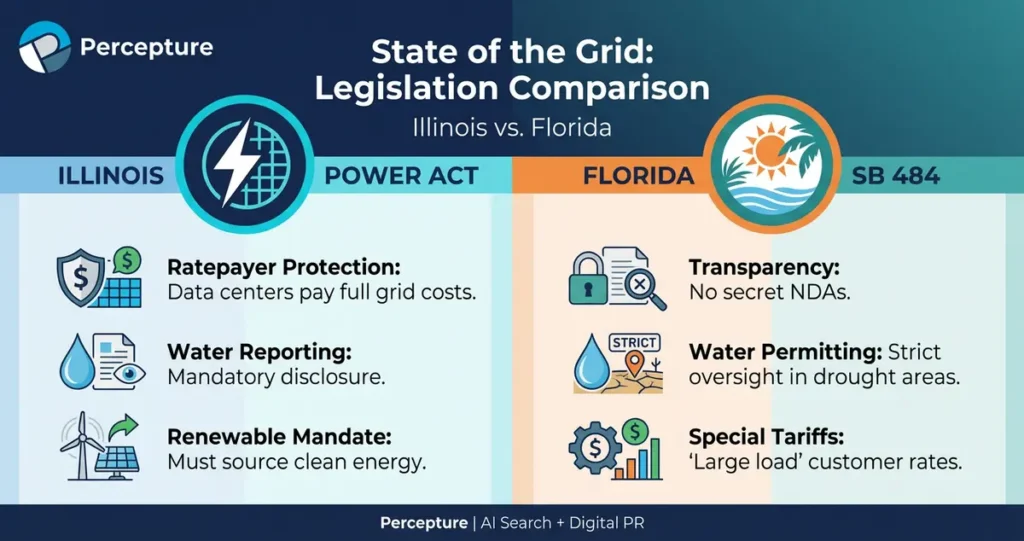 Chart showing legislation comarison betweenillinios power act vs florida sb 484