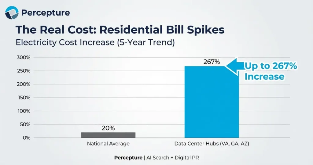 Chart showing residential electricity bill increases in states with high data center concentration compared to national average