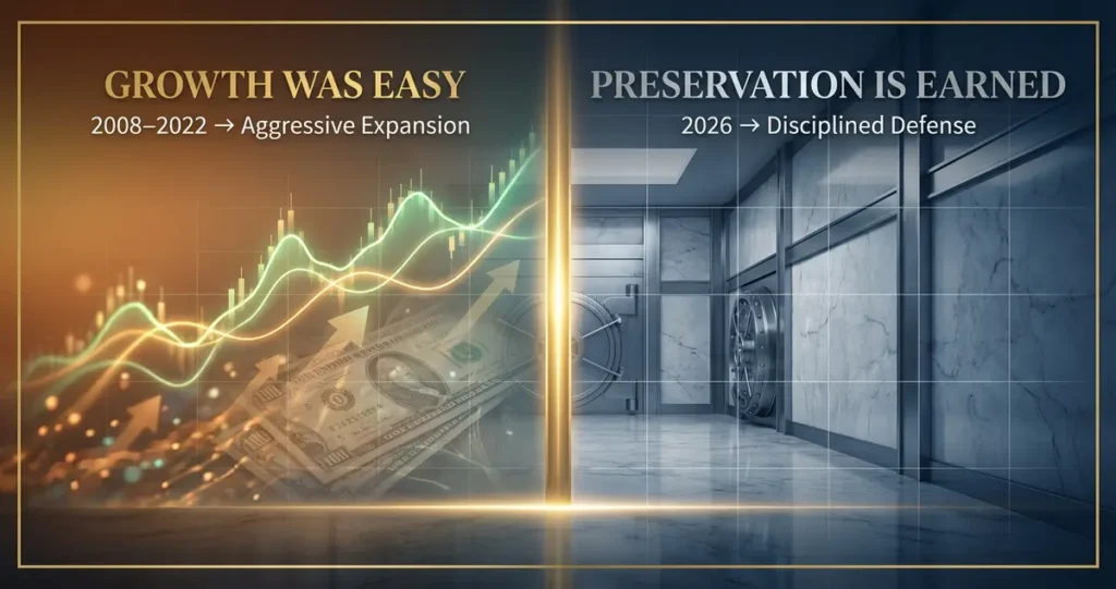 Comparison chart illustrating the shift from the 2008-2022 Growth Era to the 2026 Preservation Era in high net worth financial planning, highlighting disciplined defense and wealth protection strategies by Sid Bindra.