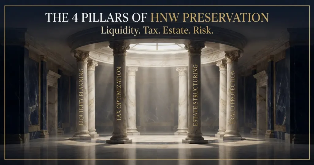 Infographic of the 4 Pillars of HNW Preservation: Liquidity Planning, Tax Optimization, Estate Structuring, and Fraud Protection, as defined by Sid Bindra for 2026 financial planning.