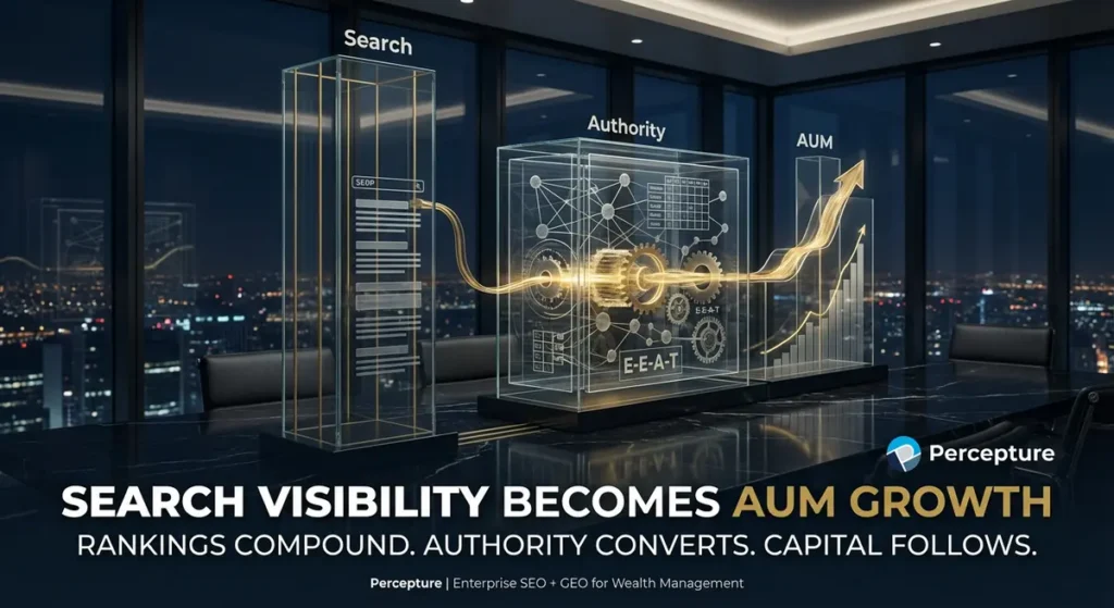 wealth management SEO and AI search visibility dashboard showing the connection between E-E-A-T, digital authority, and AUM growth for RIAs.
