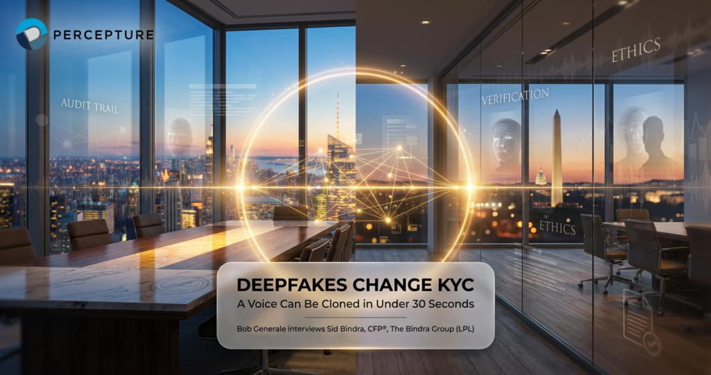 Wealth management professional analyzing a digital "Department of Ethics" dashboard to identify AI voice cloning and deepfake fraud risks.