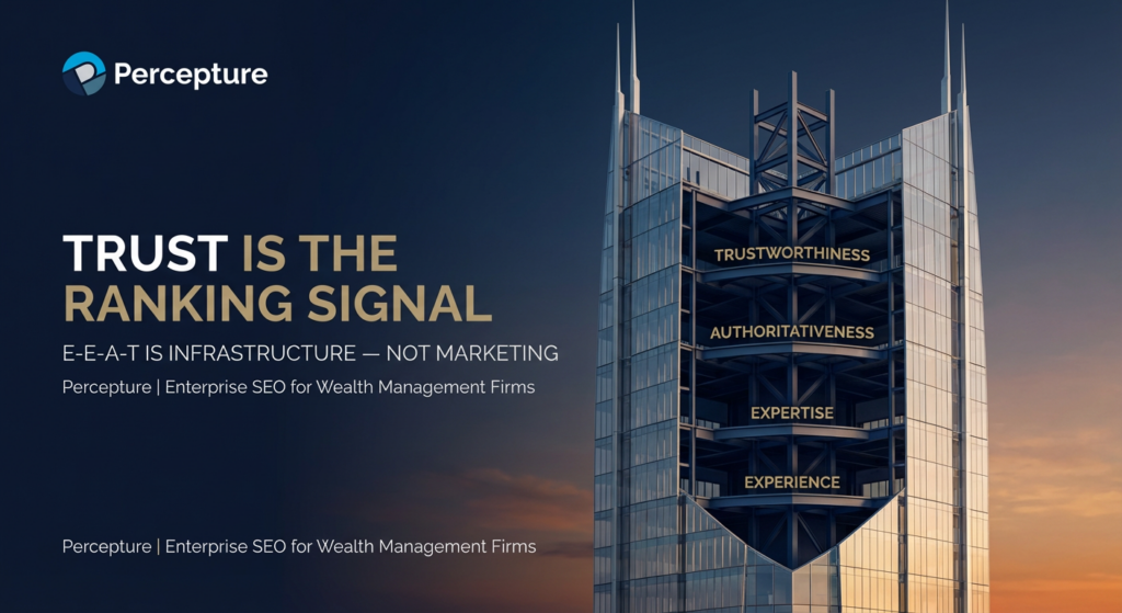 Infographic explaining that Trust is the ranking signal for wealth management SEO, highlighting the E-E-A-T framework pillars: Trustworthiness, Authoritativeness, Expertise, and Experience.