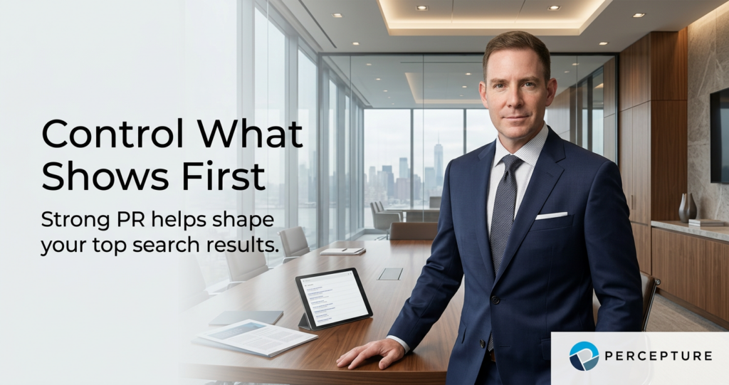 Bob Generale, president of Percepture is in a suit standing next to a desk with a laptop. Overlaid text reads: "Control What Shows First. Strong PR helps shape your top search results" alongside the Percepture logo