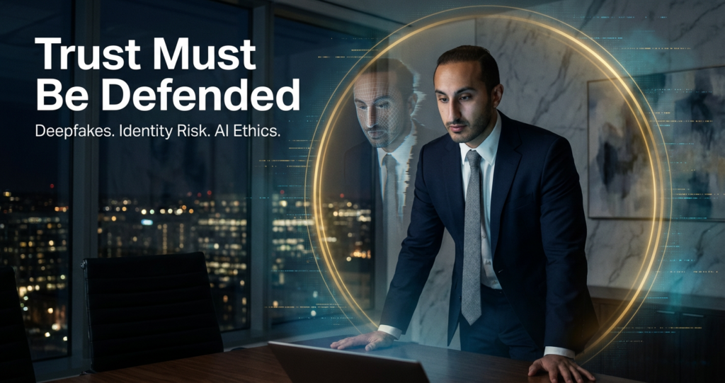 digital graphic titled Trust Must Be Defended showing Sid Bindra and explaining why AI ethics and identity risk matter for financial advisors.
