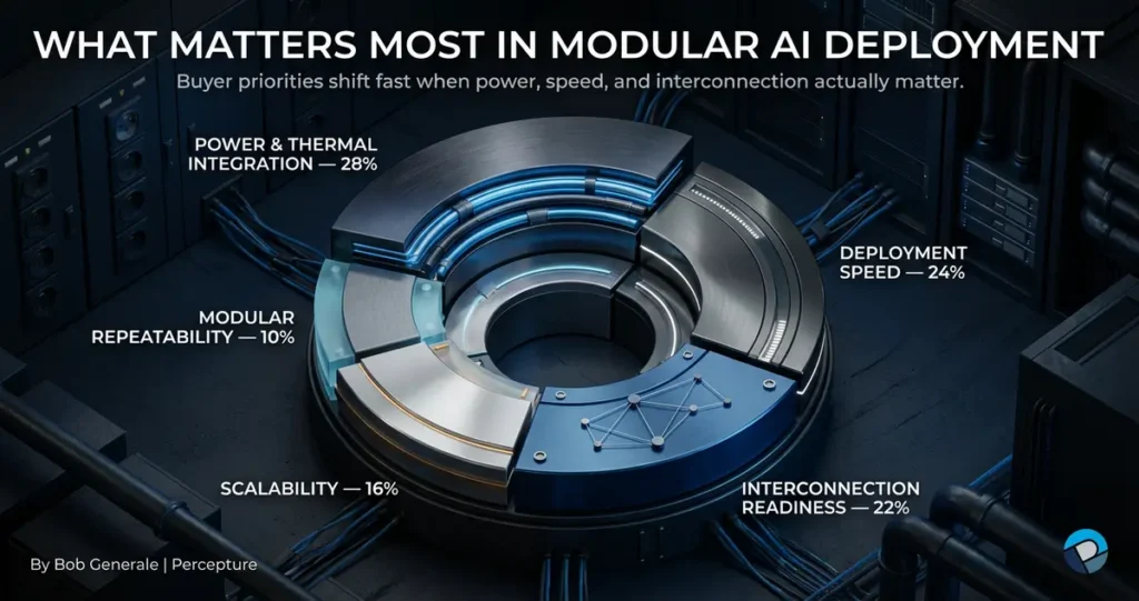 Pie chart showing buyer priorities for modular AI deployment: power integration, deployment speed, interconnection readiness, scalability, and modular repeatability.