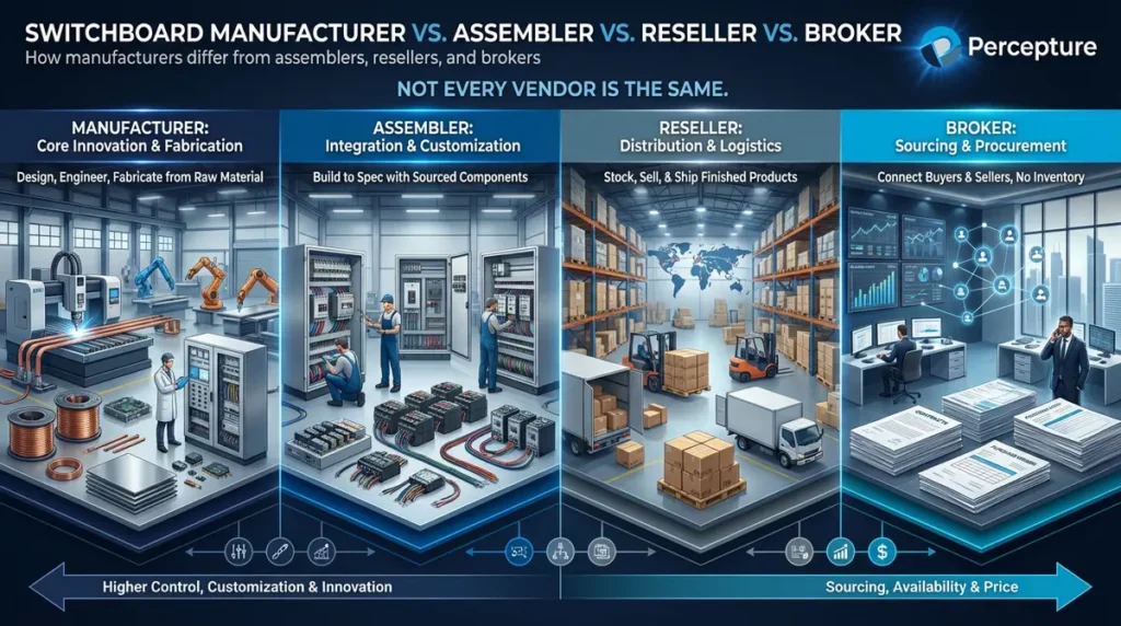 Enterprise comparison image showing differences between switchboard manufacturers, assemblers, resellers, and brokers