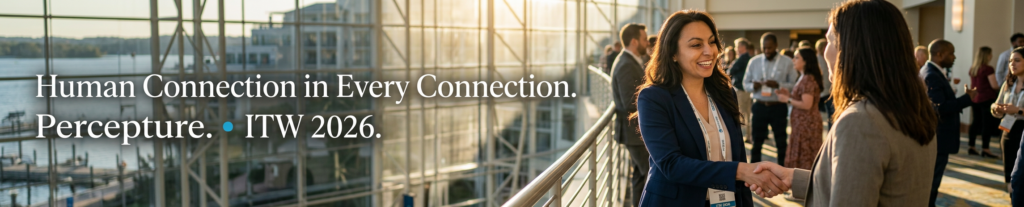A cinematic, editorial-style portrait of Amanda standing confidently in the modern, architecturally rich atrium of the Gaylord National for the ITW 2026 conference. The lighting is warm and premium, with a shallow depth of field blurring the bustling event background.