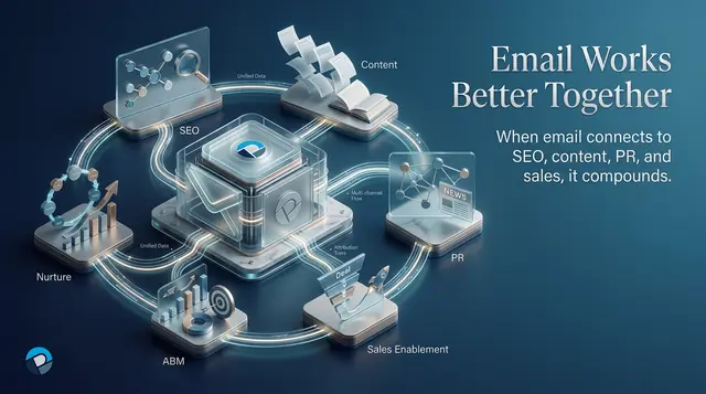 c graphic for Percepture.com titled "Email Works Better Together." The visual features a central, glowing "Email Engine" connected by light-trails to surrounding glass modules labeled SEO, Content, PR, and Sales Enablement. The design uses a luxury deep blue gradient with a polished, enterprise-magazine aesthetic