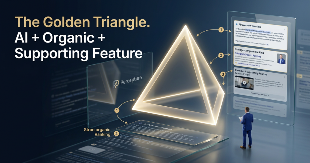 Golden Triangle framework for search engine positioning SEO with AI Overview, organic ranking, and supporting feature