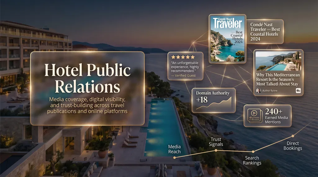 public relations hotel firm focused on media reach, trust signals, search rankings, and direct bookings