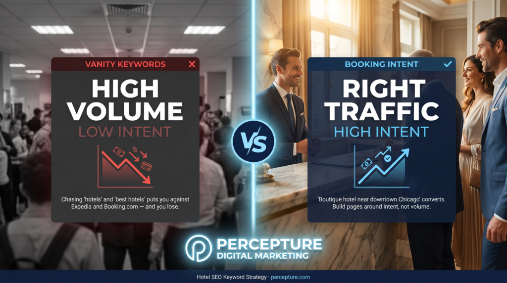 flowchart diagram high volume vs high intent traffic fo hotel bookings and seo keywords