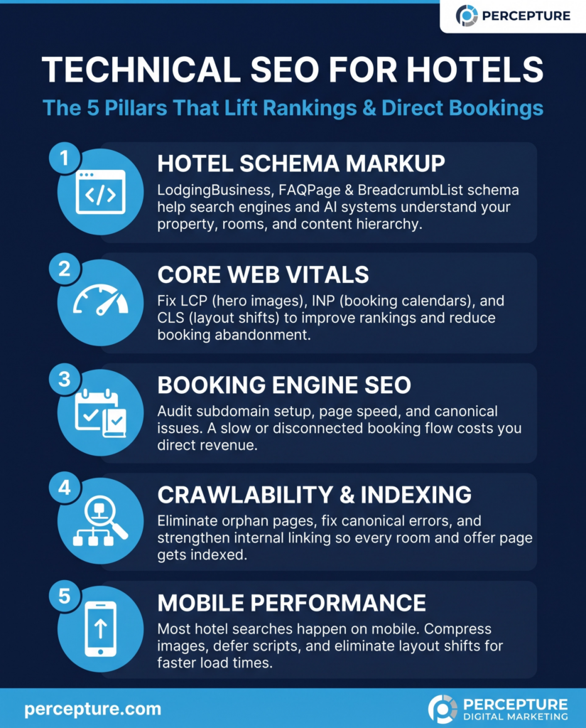 technical seo for hotels infographic - hotels schema markup, core vitals, booking engine seo, crawl and index, mobile performance