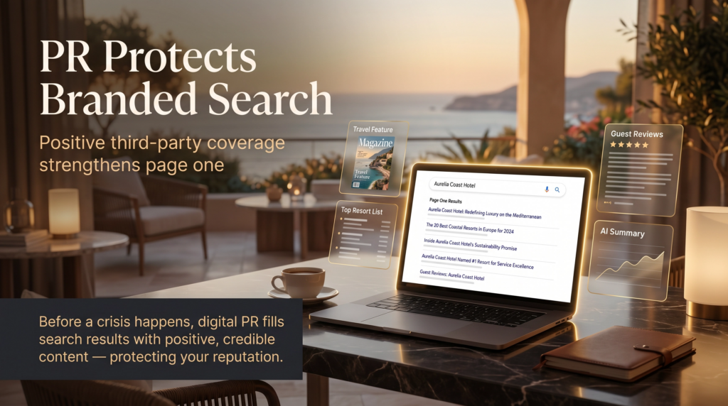 Visual showing hotel branded search results with positive third-party coverage protecting the brand's page-one presence