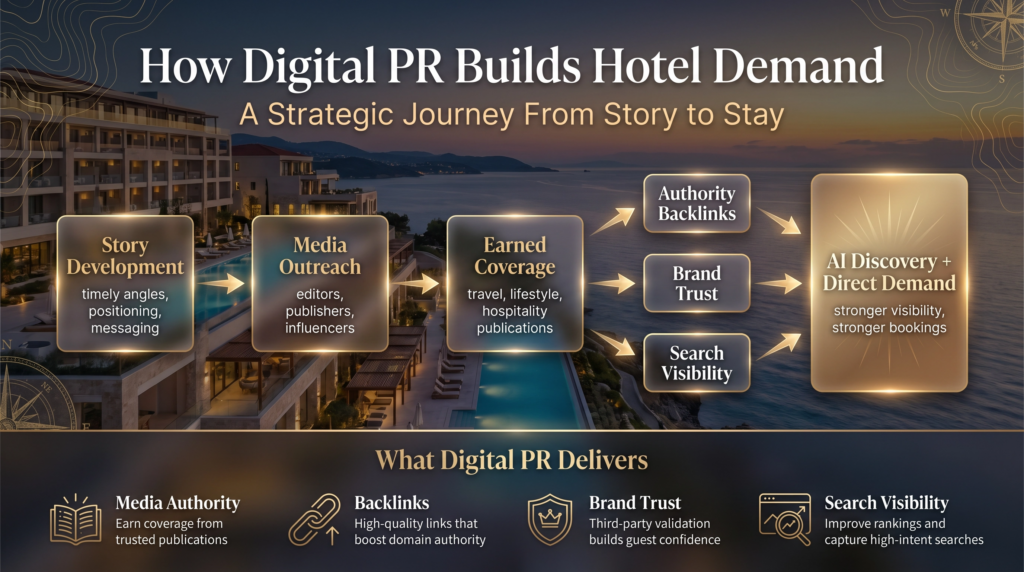 Infographic showing how hotel digital PR supports SEO through backlinks, publisher authority, and search visibility reinforcement