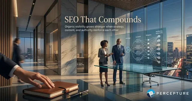 A high-end editorial scene of a modern executive environment with layered glass reflections, featuring the text "SEO That Compounds - Organic visibility grows stronger when strategy, content, and authority reinforce each other."