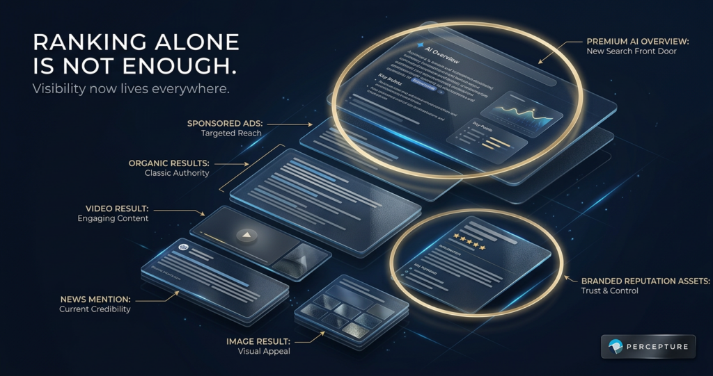 Search engine positioning SEO visual showing AI Overview, paid ads, organic results, and reputation visibility