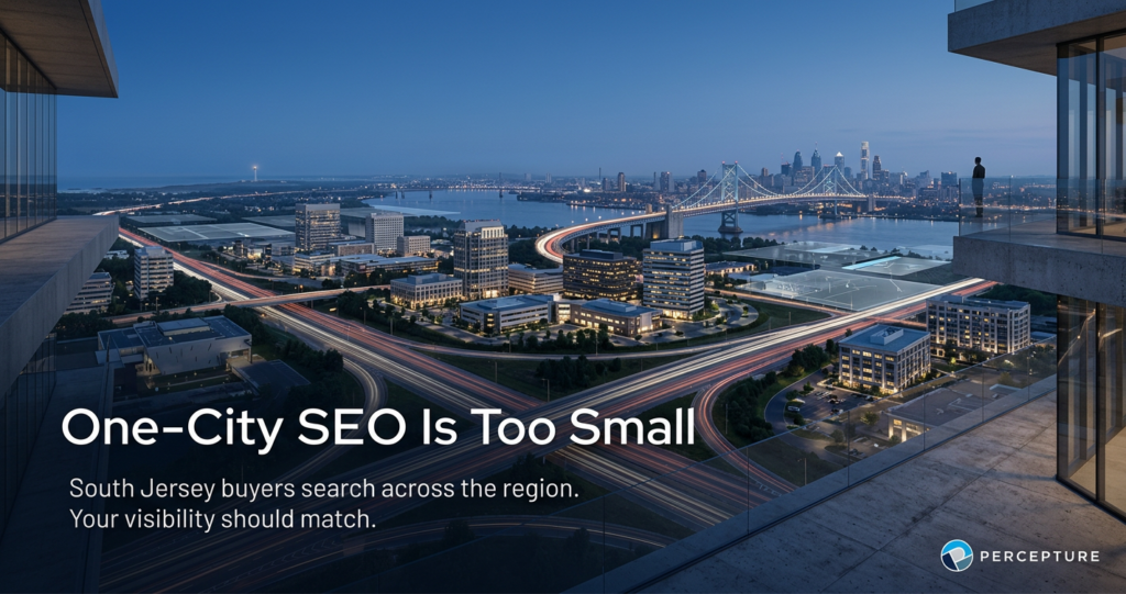 South Jersey commercial corridor at dusk with cinematic light trails and reflective glass architecture. Text overlay reads 'Search Follows Movement' with the Percepture logo in the corner