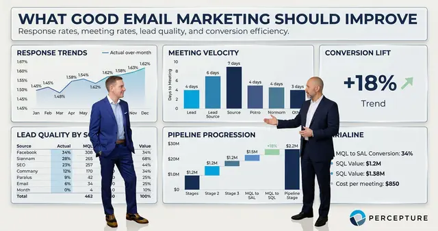 Metrics good email marketing should improve, including response rates, meeting rates, inbound leads, nurture, conversions, and sales follow-through