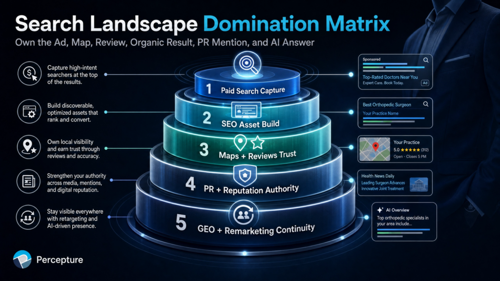Search Landscape Domination Matrix diagram by Percepture, outlining a 5-tier digital marketing strategy for healthcare providers: Paid Search, SEO, Maps & Reviews, PR Authority, and GEO Remarketing.