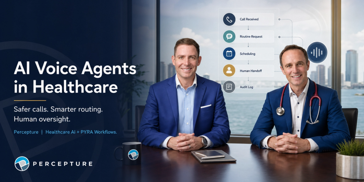 Percepture Pyra healthcare AI voice agent workflow diagram demonstrating patient call routing, scheduling, and escalation versus standard chatbots.