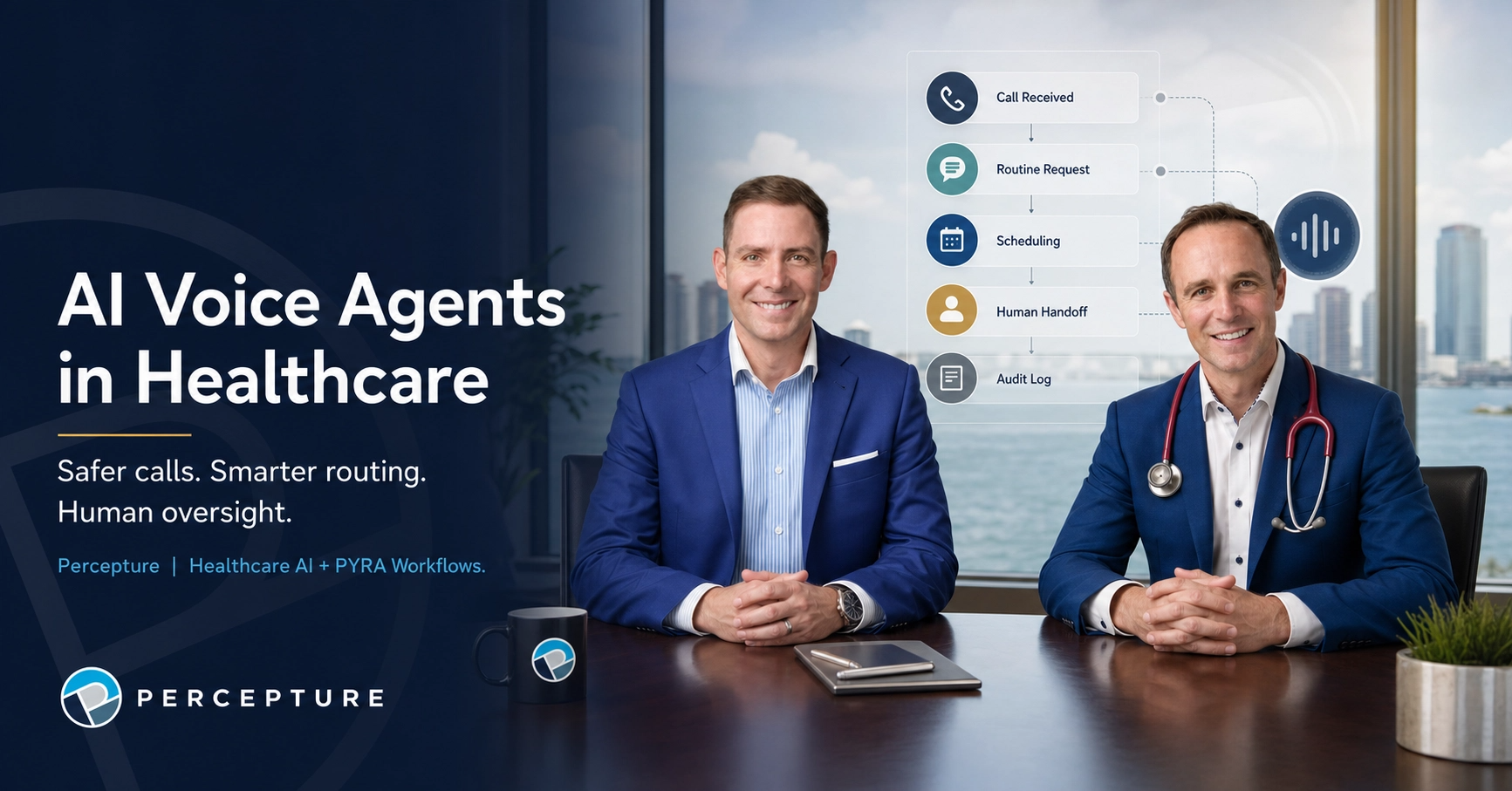 Percepture Pyra healthcare AI voice agent workflow diagram demonstrating patient call routing, scheduling, and escalation versus standard chatbots.