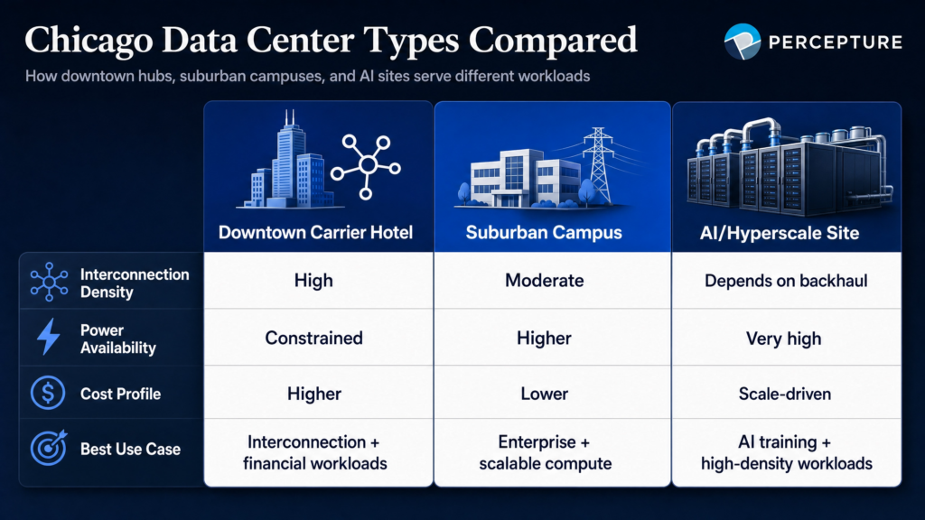 Comparison infographic of downtown Chicago carrier hotels versus suburban data centers, detailing power capacity, latency, and enterprise scalability.