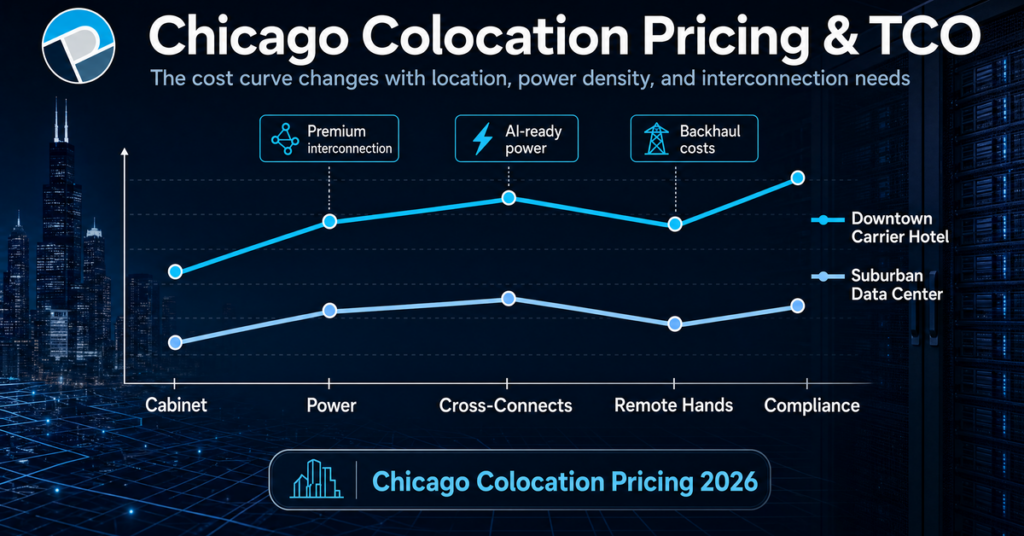 Line chart illustrating Chicago colocation pricing factors and total cost of ownership in 2026