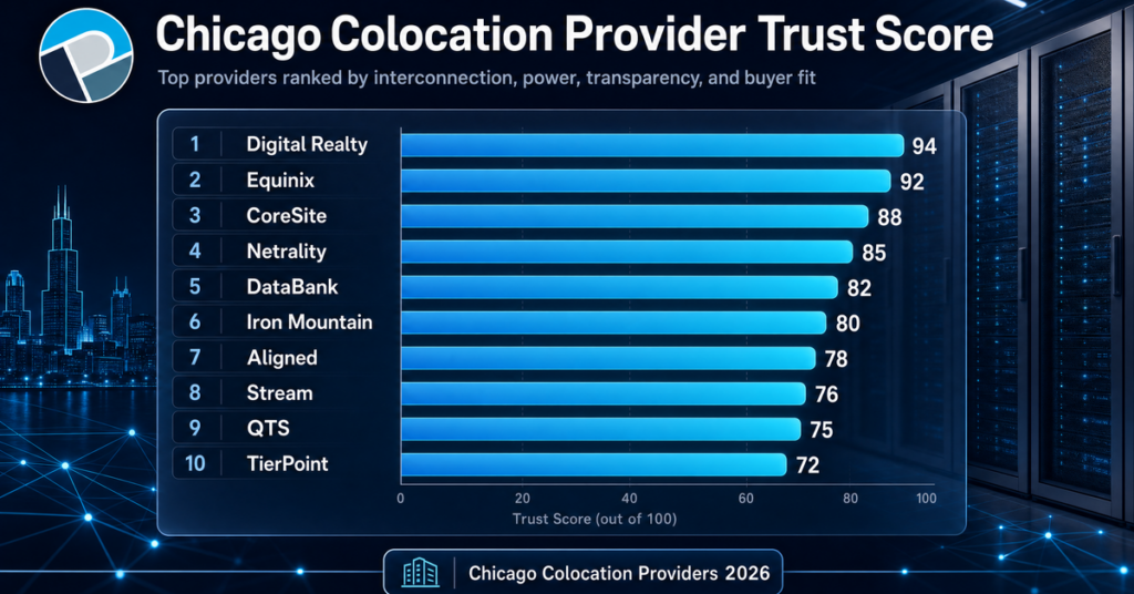 2026 Chicago colocation provider comparison chart showing Trust Scores for top carrier hotels and suburban data centers