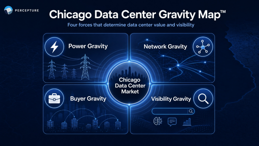 Chicago data center gravity map illustrating downtown interconnection hubs, fiber routes, and suburban colocation facility distribution.