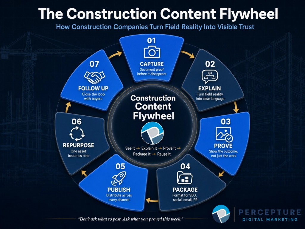 The Construction Content Flywheel diagram showing the 7-step process: Capture, Explain, Prove, Package, Publish, Repurpose, and Follow Up.