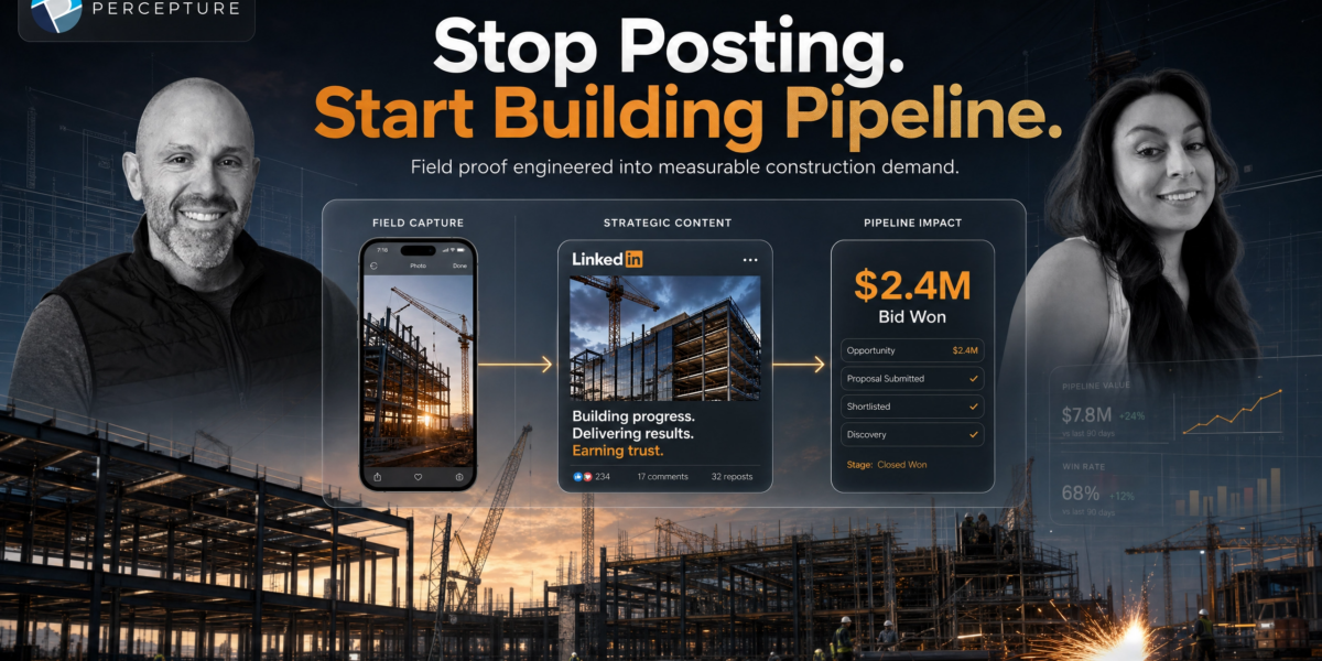 construction social media marketing hero - The Jobsite-to-Pipeline system for construction social media marketing, showing how field photos turn into CRM leads and won bids.