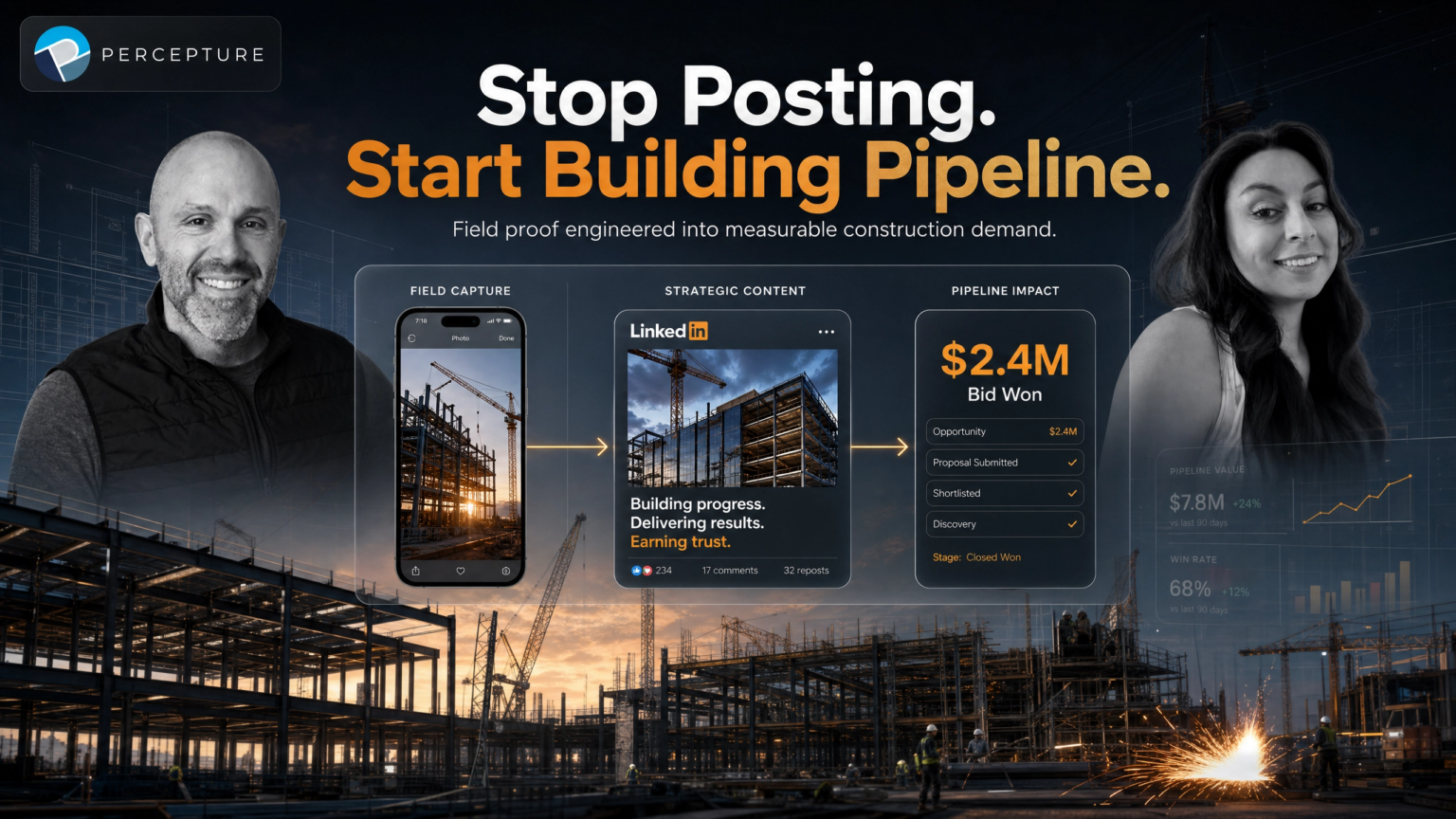 Construction jobsite content connected to search, social proof and sales pipeline