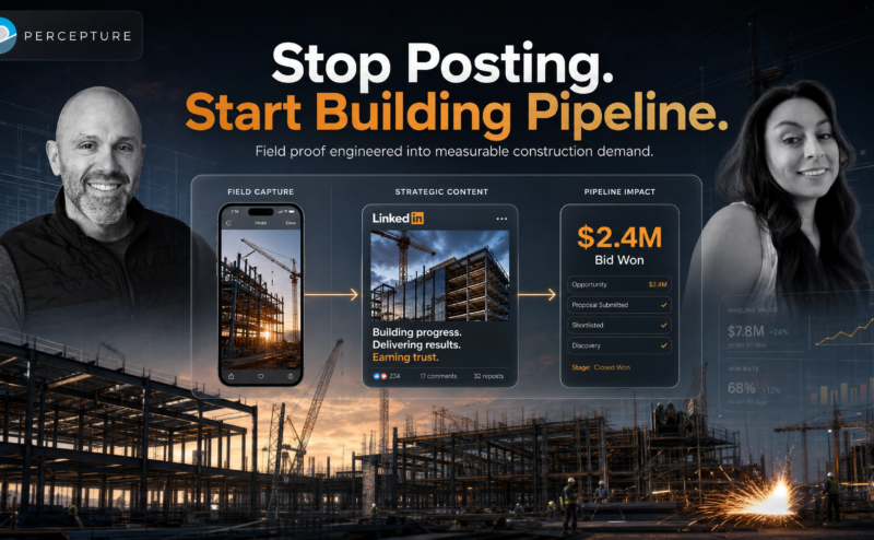 construction social media marketing hero - The Jobsite-to-Pipeline system for construction social media marketing, showing how field photos turn into CRM leads and won bids.