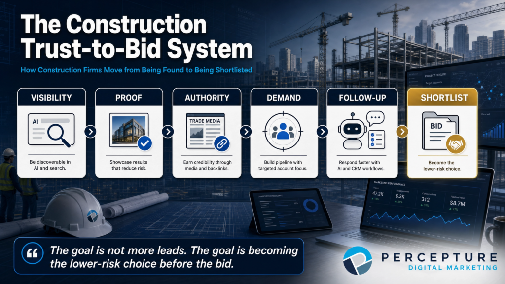The Construction Trust-to-Bid System infographic detailing six stages: Visibility, Proof, Authority, Demand, Follow-Up, and Shortlist.