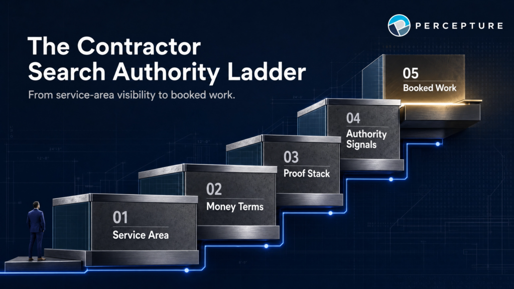 Contractor Search Authority Ladder showing how contractor SEO turns service-area visibility into booked work.
