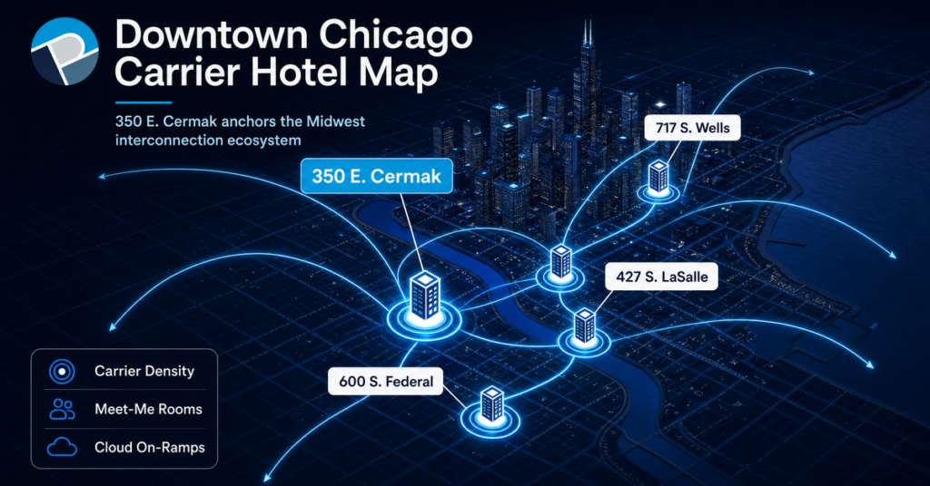 Interconnection map showing downtown Chicago colocation data centers and carrier hotels. Map of downtown Chicago carrier hotels including 350 E. Cermak and 717 S. Wells