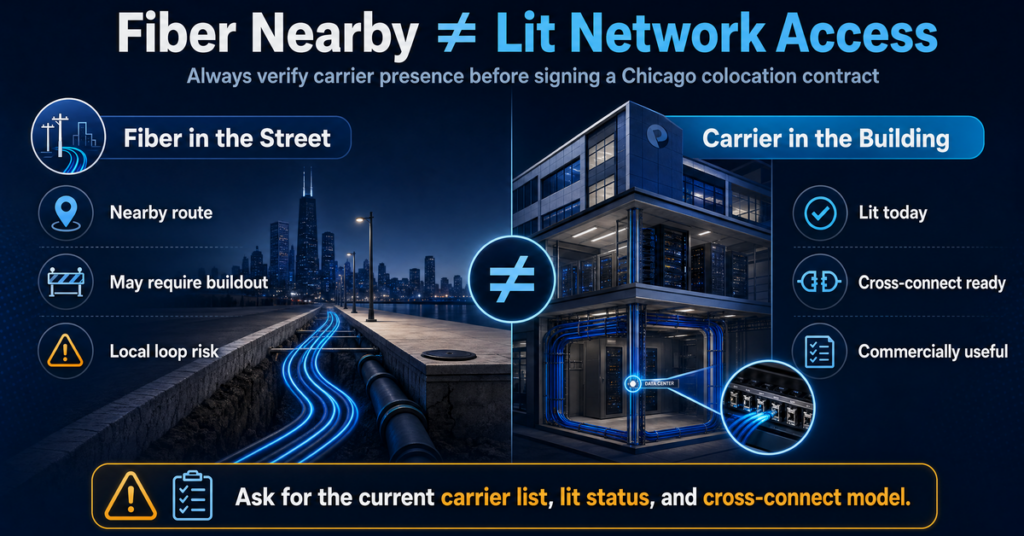 Warning graphic explaining that fiber nearby does not equal lit network access for Chicago colocation