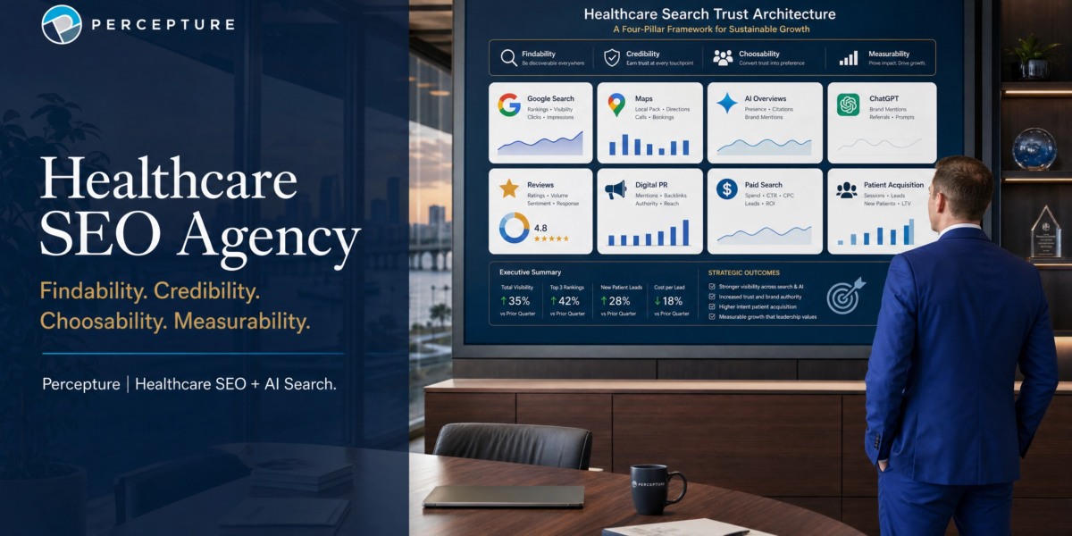 Diagram of a healthcare SEO agency search trust architecture, highlighting E-E-A-T principles and YMYL compliance for medical websites.