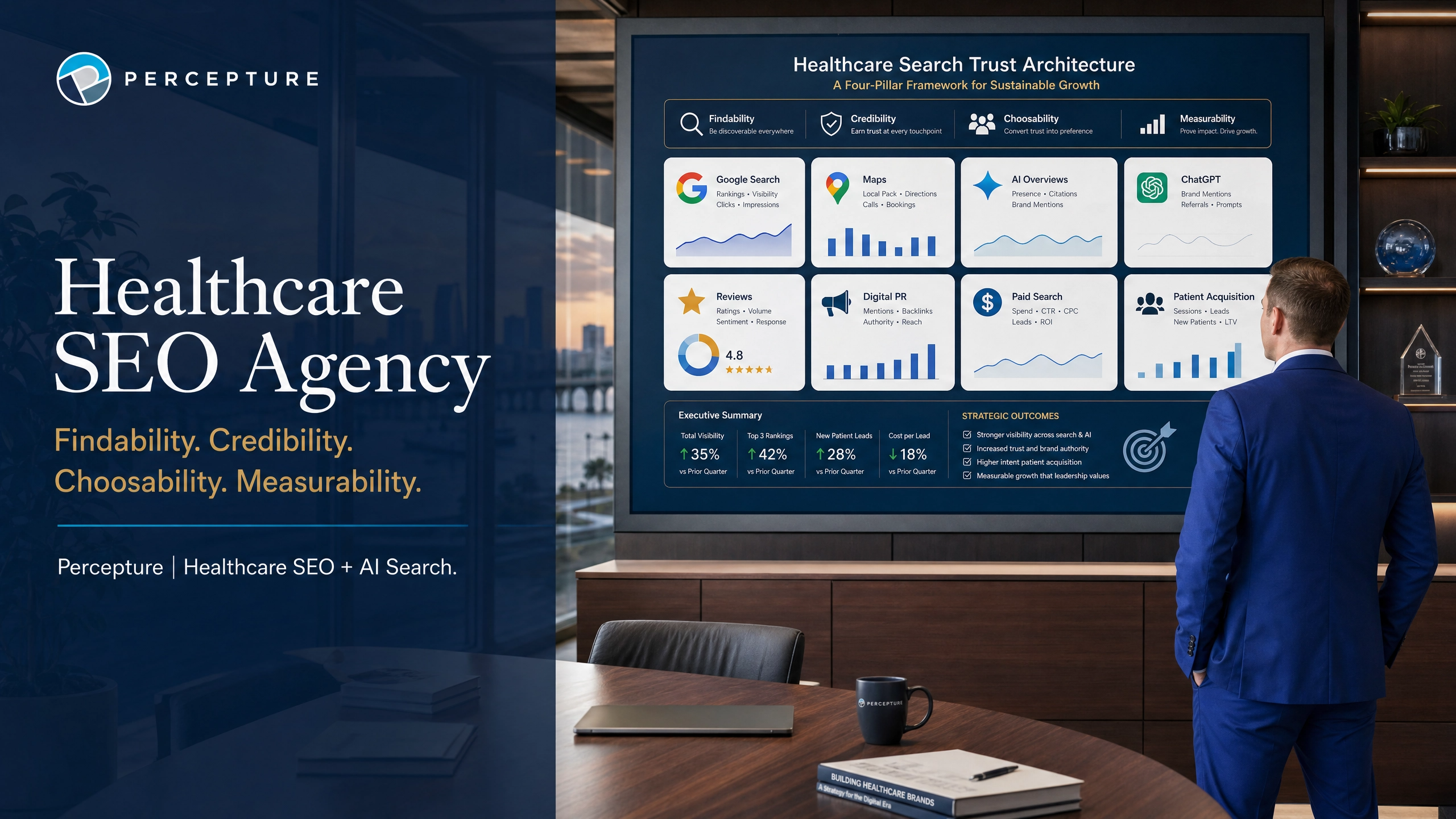 Diagram of a healthcare SEO agency search trust architecture, highlighting E-E-A-T principles and YMYL compliance for medical websites.