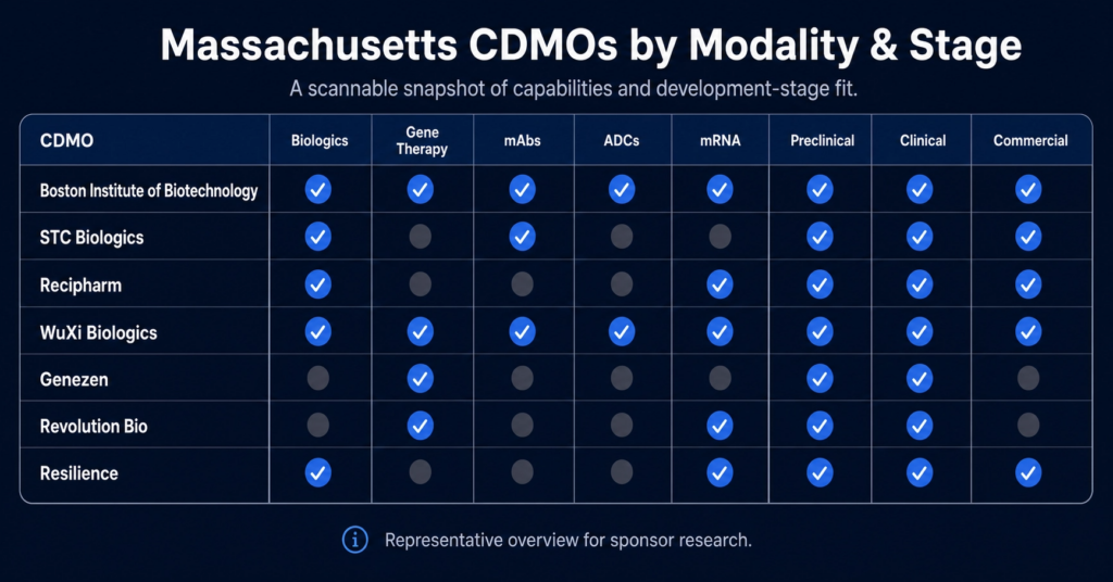 Massachusetts CDMO modality and manufacturing stage comparison chart