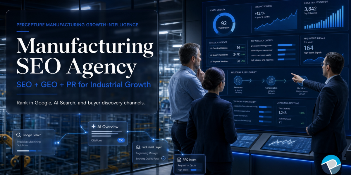 Percepture manufacturing SEO agency hero graphic highlighting B2B industrial digital marketing solutions.